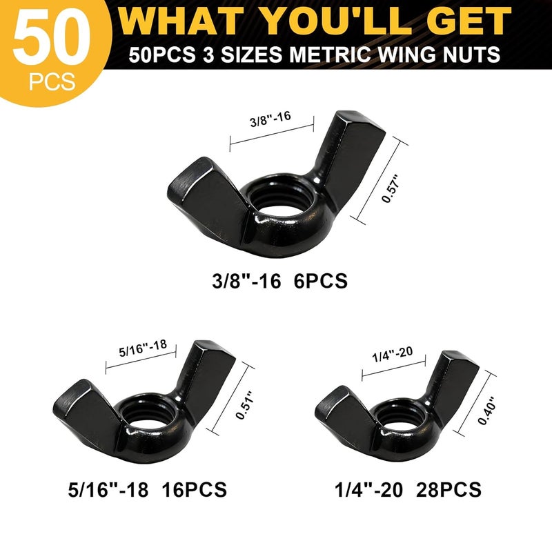 Siptenk 50 قطعة من صواميل الجناح السوداء SAE، 1/4"-20 3/8"-16 5/16"-18 صواميل جناح بأحجام متنوعة، مجموعة أدوات تثبيت من الفولاذ الكربوني مطلي بالزنك - Image 2
